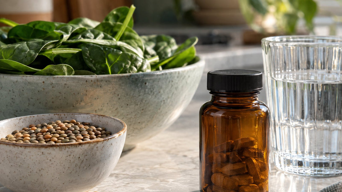 Open bottle of iron tablets beside a glass of water and a small dish of pumpkin seeds on a kitchen counter
