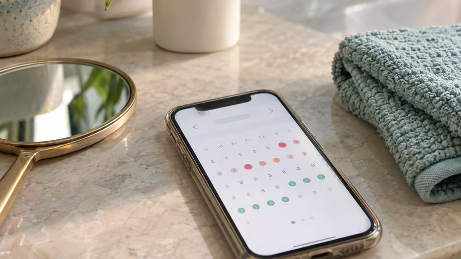 Period tracker app on a phone showing an irregular cycle, next to a small mirror and a skincare bottle on a bathroom counter