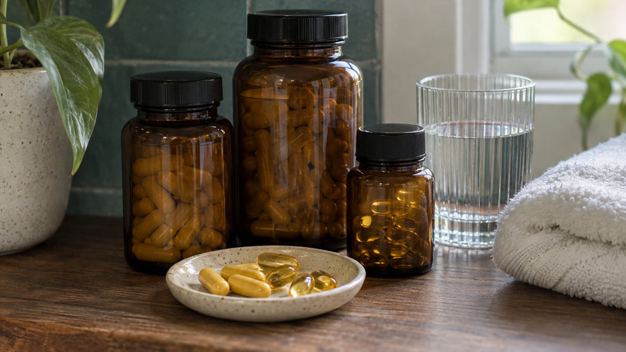 Supplement bottles and loose capsules on a kitchen counter next to a handwritten list